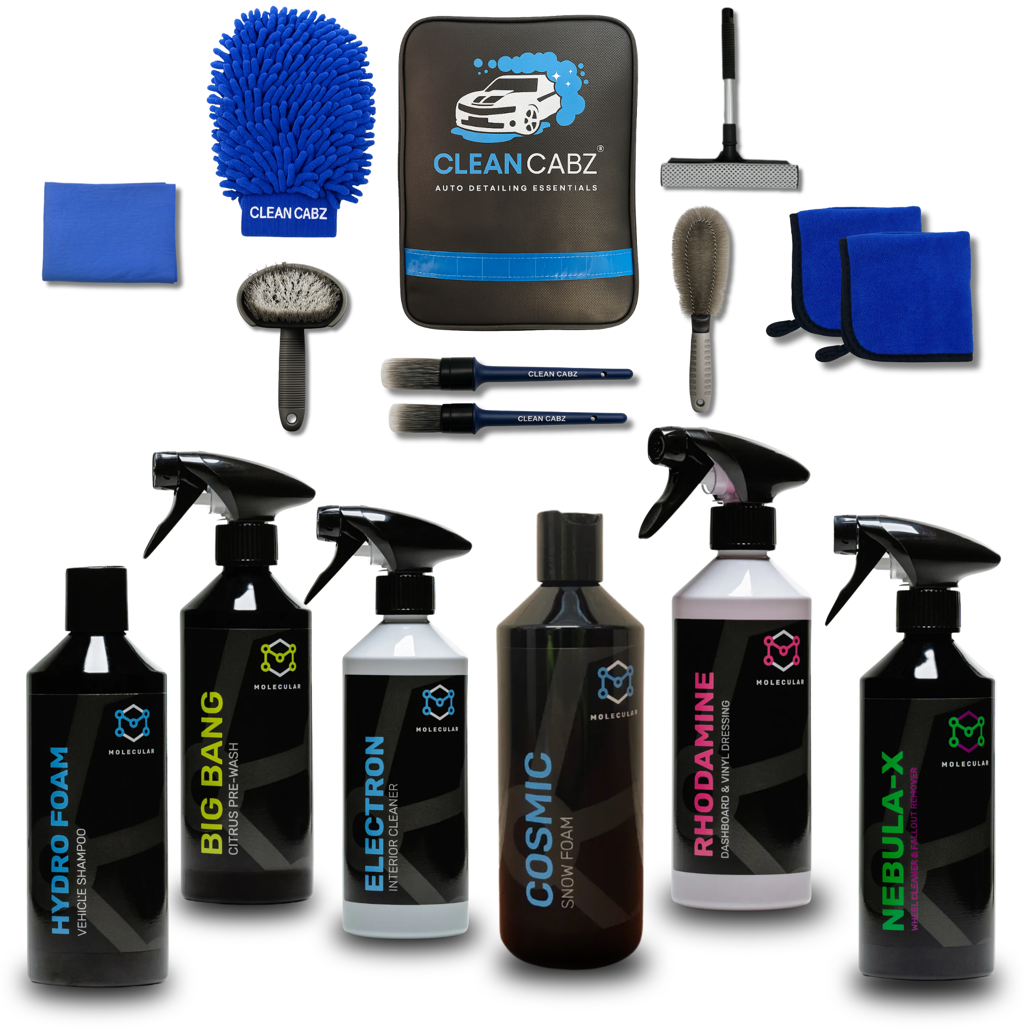 Collection of car cleaning products and tools with Clean Cabz branding on a white background