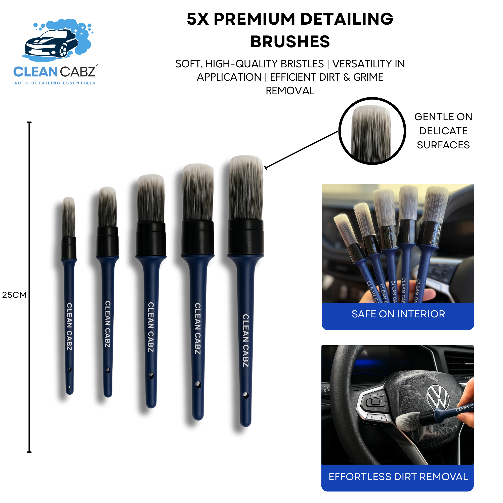 CleanCabz® Premium 7 Piece Car Detailing Brush Kit with Microfiber Cloth