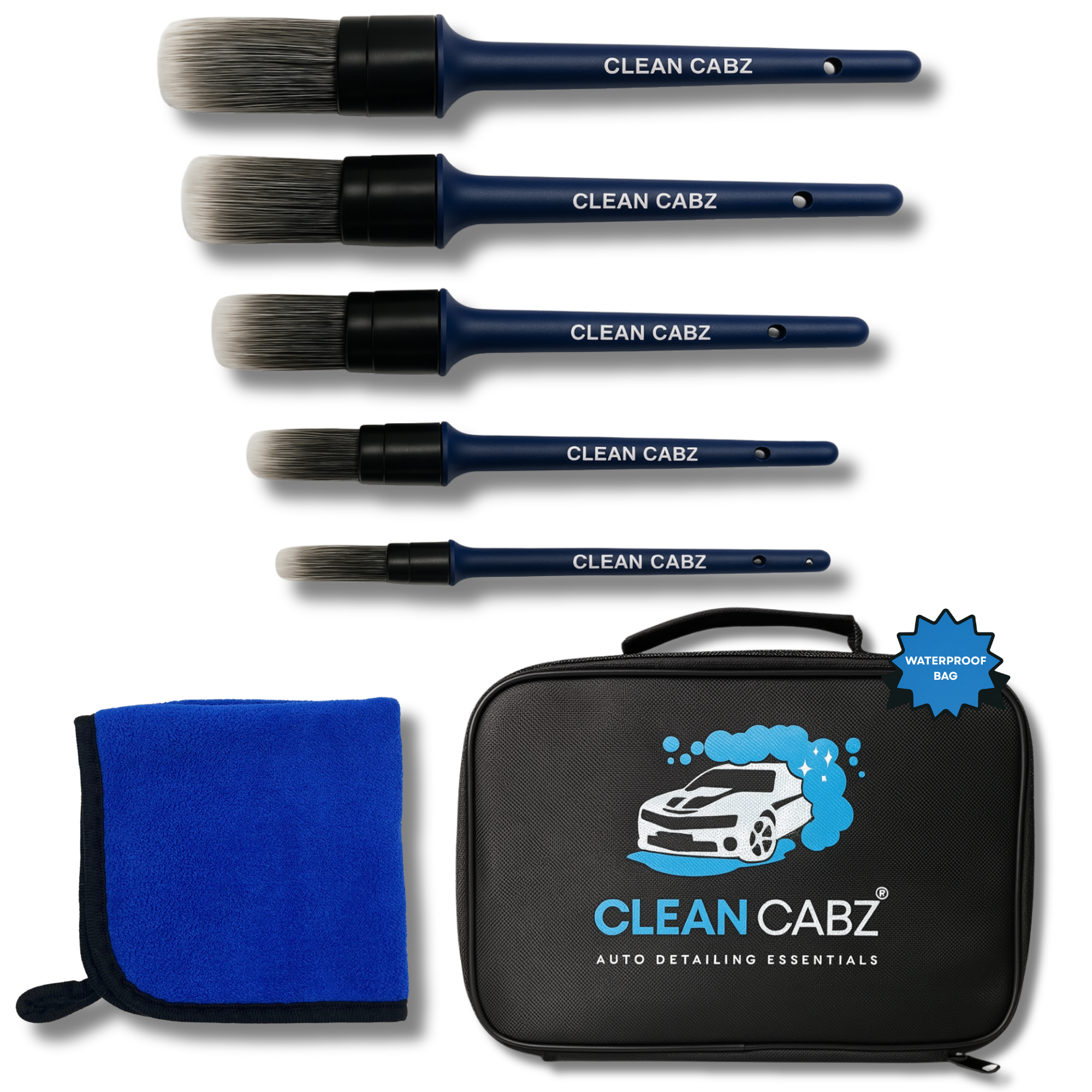 CleanCabz® Premium 7 Piece Car Detailing Brush Kit with Microfiber Cloth